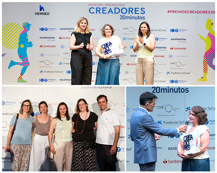 Collage con varias fotos: Arriba Leticia González (responsable de comunicación financiera de la Fundación La Caixa), Lu Vives con su galardón y Melissa Tuya (redactora jefa de 20 Minutos). Abajo a la izquierda: Profesionales del Ceadac junto a Melissa Tuya (redactora jefa de 20 Minutos). Abajo a la derecha: Luis Larrodera y Lu Vives. Varias fotos del evento.