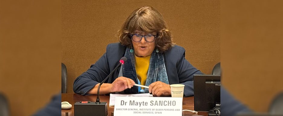La directora general del Imserso, Mayte Sancho, en un momento de su intervención en la Asamblea Mundial de la Salud de la OMS.